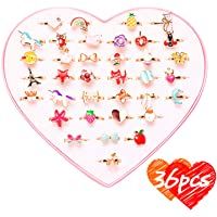 Gxhong 36 Piezas Anillos para Niñas Pequeñas Anillos Niñas Ajustables- Anillos Niña Juguete con Caja en Forma de Corazón…